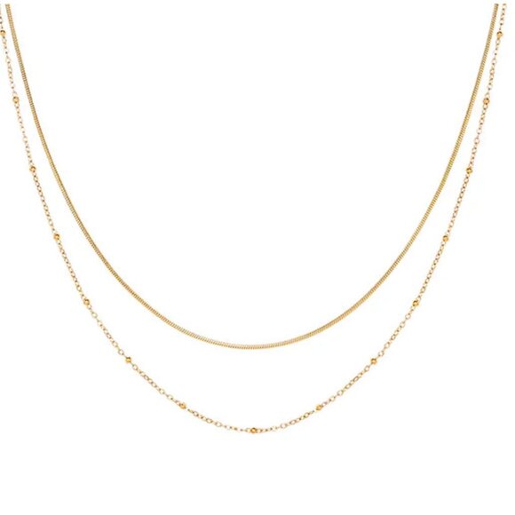 DAINTY DOUBLE layered Necklace Gold Snake chain Gold Beaded Satellite Chain - Picture 1 of 13